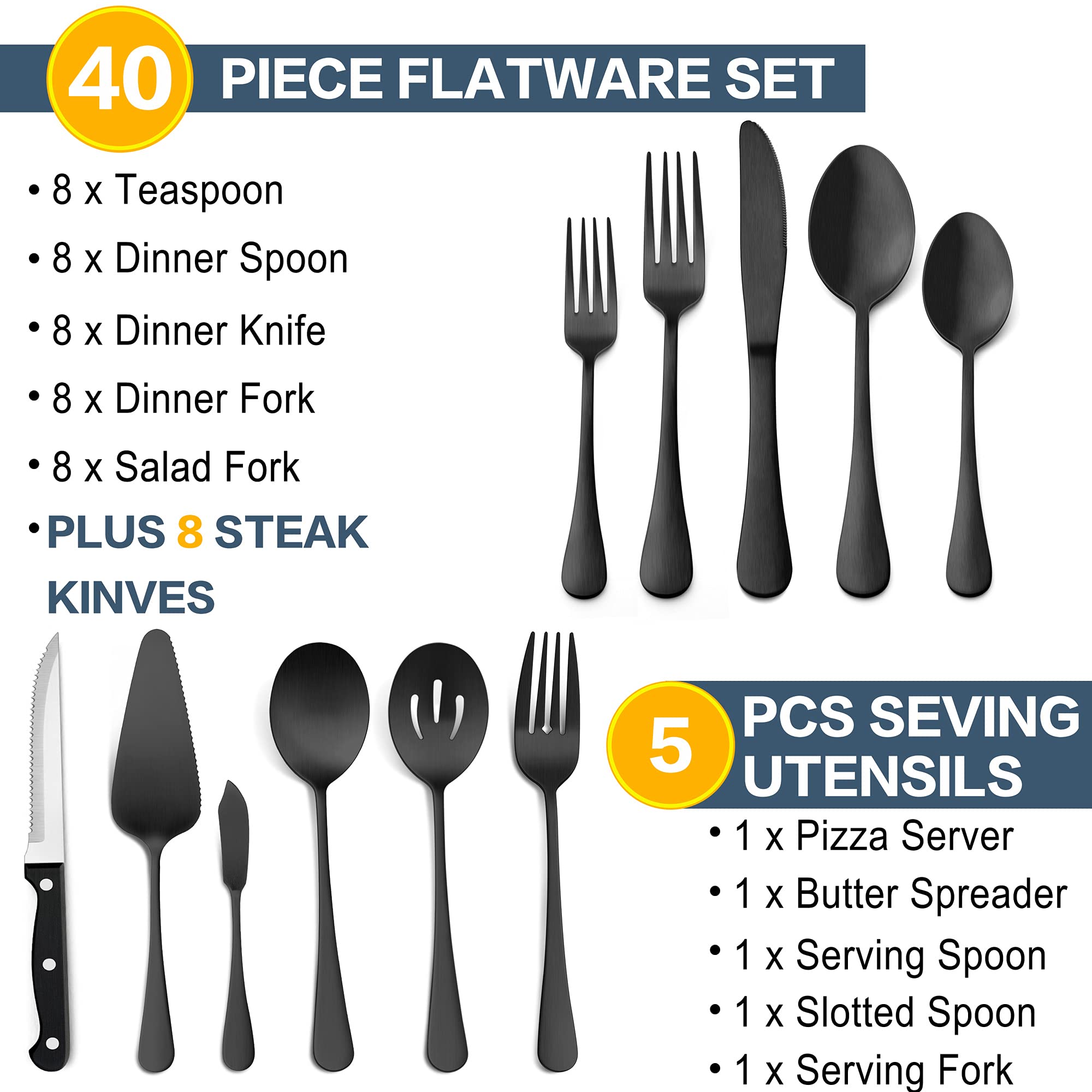 LIANYU 53-Piece Matte Black Silverware Set with Steak Knives and Serving Utensils, Modern Stainless Steel Flatware Cutlery Set for 8, Fancy Eating Utensils Tableware, Dishwasher Safe