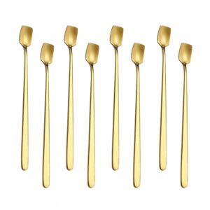 long handle iced teaspoon 8-piece, comicfs 7-inch stainless steel mixing stirring square spoons for cocktail ice cream milkshake cold drink ice coffee (8 spoons, gold)