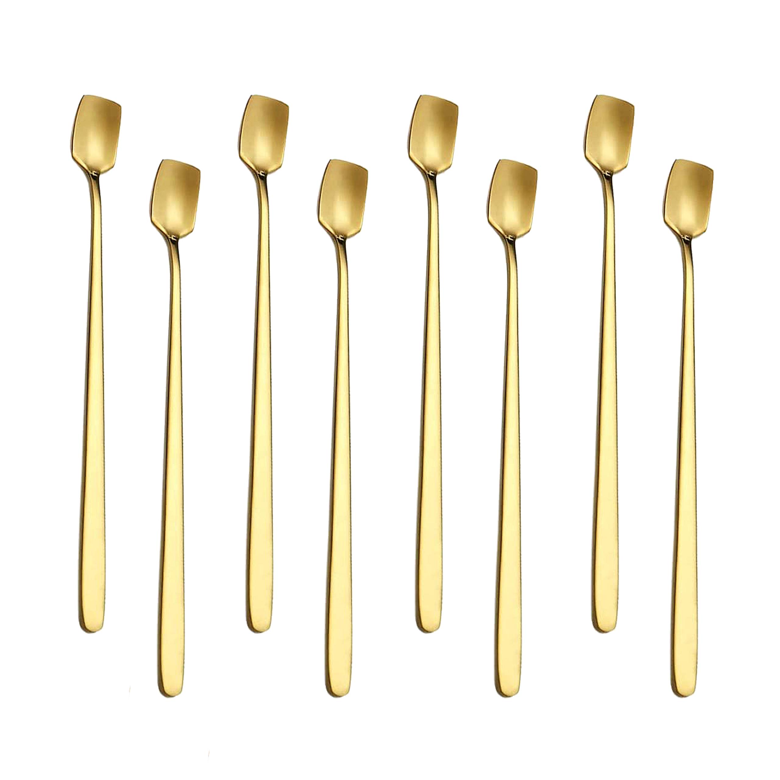 Long Handle Iced Teaspoon 8-Piece, Comicfs 7-Inch Stainless Steel Mixing Stirring Square Spoons for Cocktail Ice Cream Milkshake Cold Drink Ice Coffee (8 Spoons, Gold)