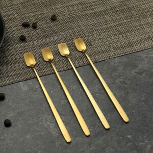 Long Handle Iced Teaspoon 8-Piece, Comicfs 7-Inch Stainless Steel Mixing Stirring Square Spoons for Cocktail Ice Cream Milkshake Cold Drink Ice Coffee (8 Spoons, Gold)