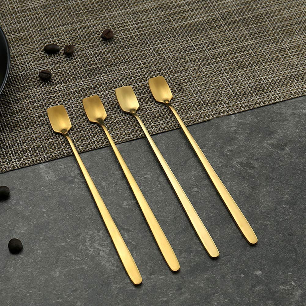 Long Handle Iced Teaspoon 8-Piece, Comicfs 7-Inch Stainless Steel Mixing Stirring Square Spoons for Cocktail Ice Cream Milkshake Cold Drink Ice Coffee (8 Spoons, Gold)