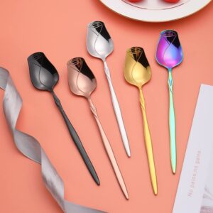 Stainless Steel Spoon Set 5 Pack, Rose flower shaped spoon, Coffee spoon，Dessert Spoon, Ice Cream Spoons, tea spoons，Love spoon, Cute holiday gift (Multicolor)