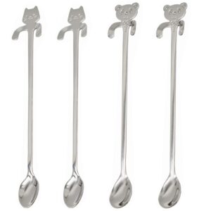 maydahui 4pcs cat spoon bear coffee tea spoon long handle 7.8 inch 18/10（304）stainless steel hanging coffe mixing cocktail stirring animal spoons scoops for mug