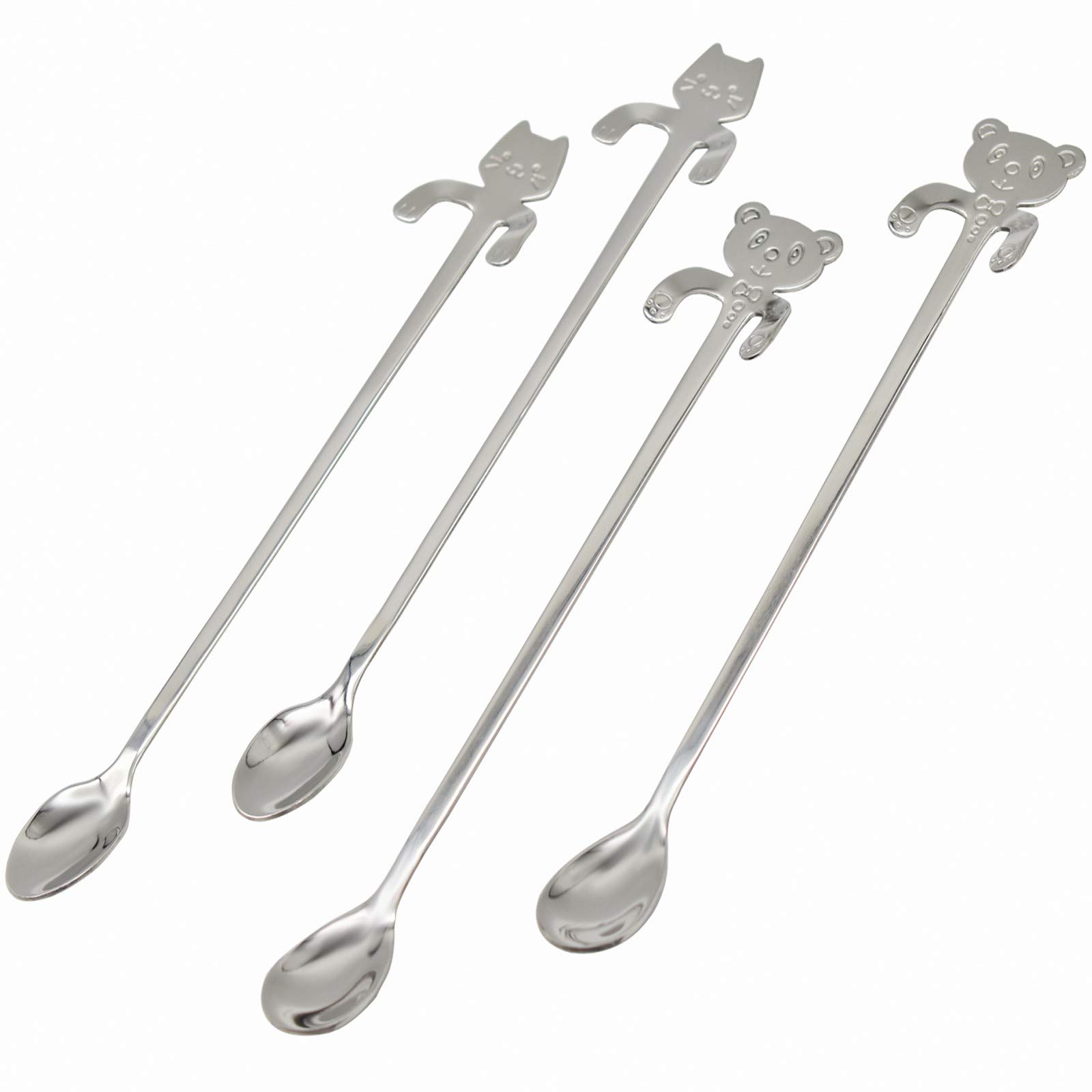 Maydahui 4PCS Cat Spoon Bear Coffee Tea Spoon Long Handle 7.8 inch 18/10（304）Stainless Steel Hanging Coffe Mixing Cocktail Stirring Animal Spoons Scoops for Mug