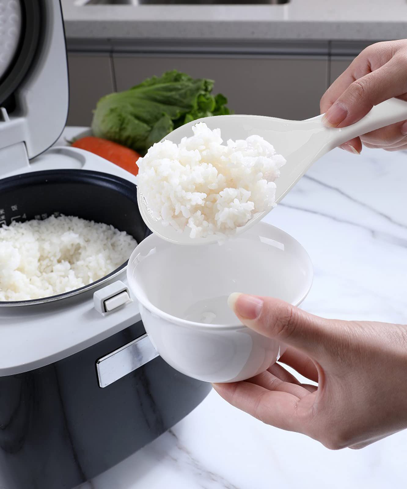 Cionyce 2PCS Plastic Rice Paddle Spoon Rice Scoop, Non-Stick Rice Spatula Rice Cooker Shovel Rice Serving Spoon 7.87 Inch (White E)