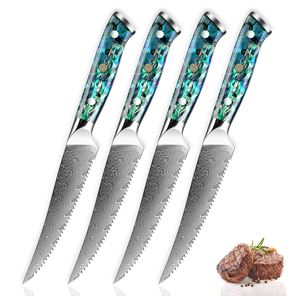 SENKEN 4-Piece Damascus Steak Knife Set - Umi Collection - 67-Layer Japanese VG10 Steel, Real Deep-Sea Abalone Shell Handle (4-Piece Damascus Steak Knife Set)