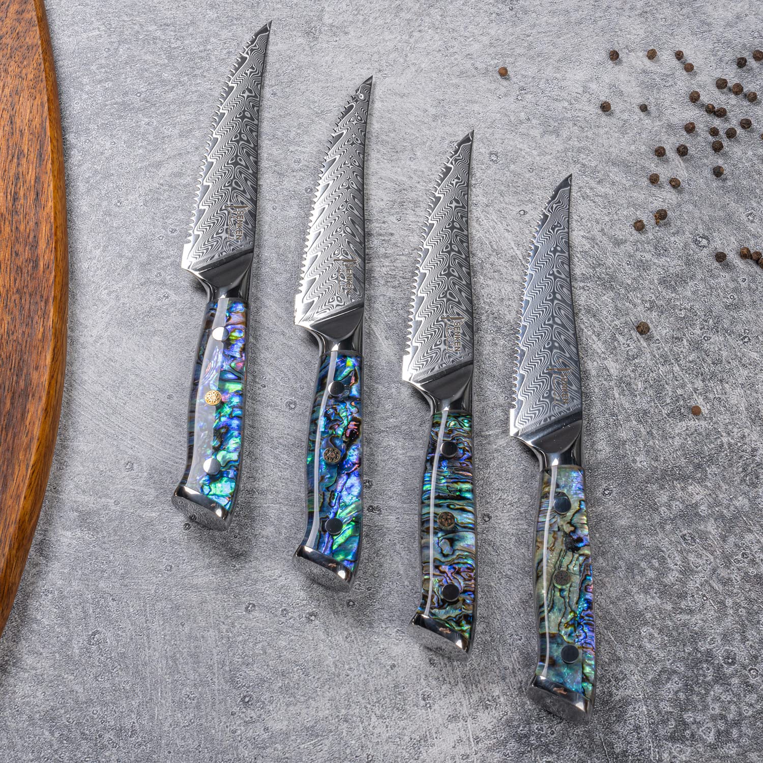 SENKEN 4-Piece Damascus Steak Knife Set - Umi Collection - 67-Layer Japanese VG10 Steel, Real Deep-Sea Abalone Shell Handle (4-Piece Damascus Steak Knife Set)