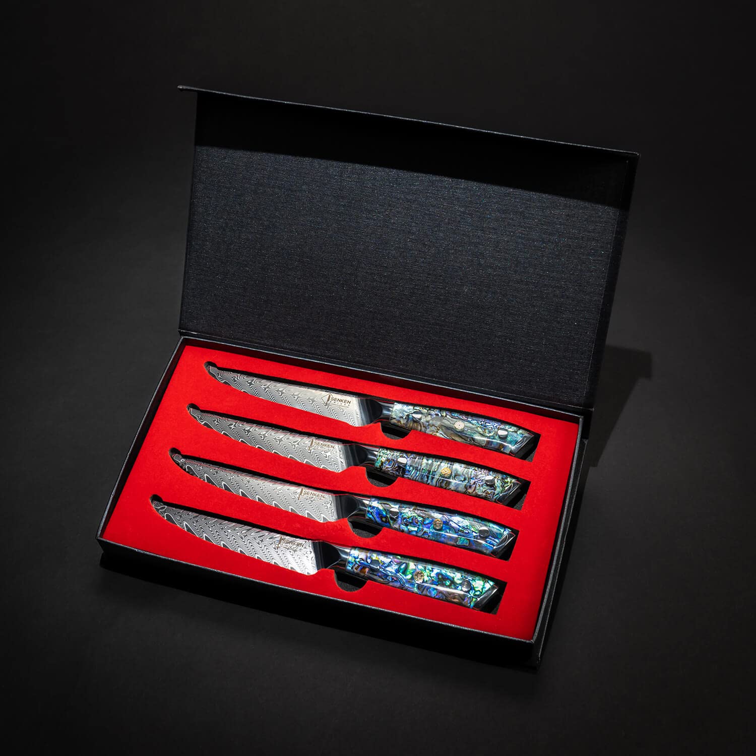 SENKEN 4-Piece Damascus Steak Knife Set - Umi Collection - 67-Layer Japanese VG10 Steel, Real Deep-Sea Abalone Shell Handle (4-Piece Damascus Steak Knife Set)