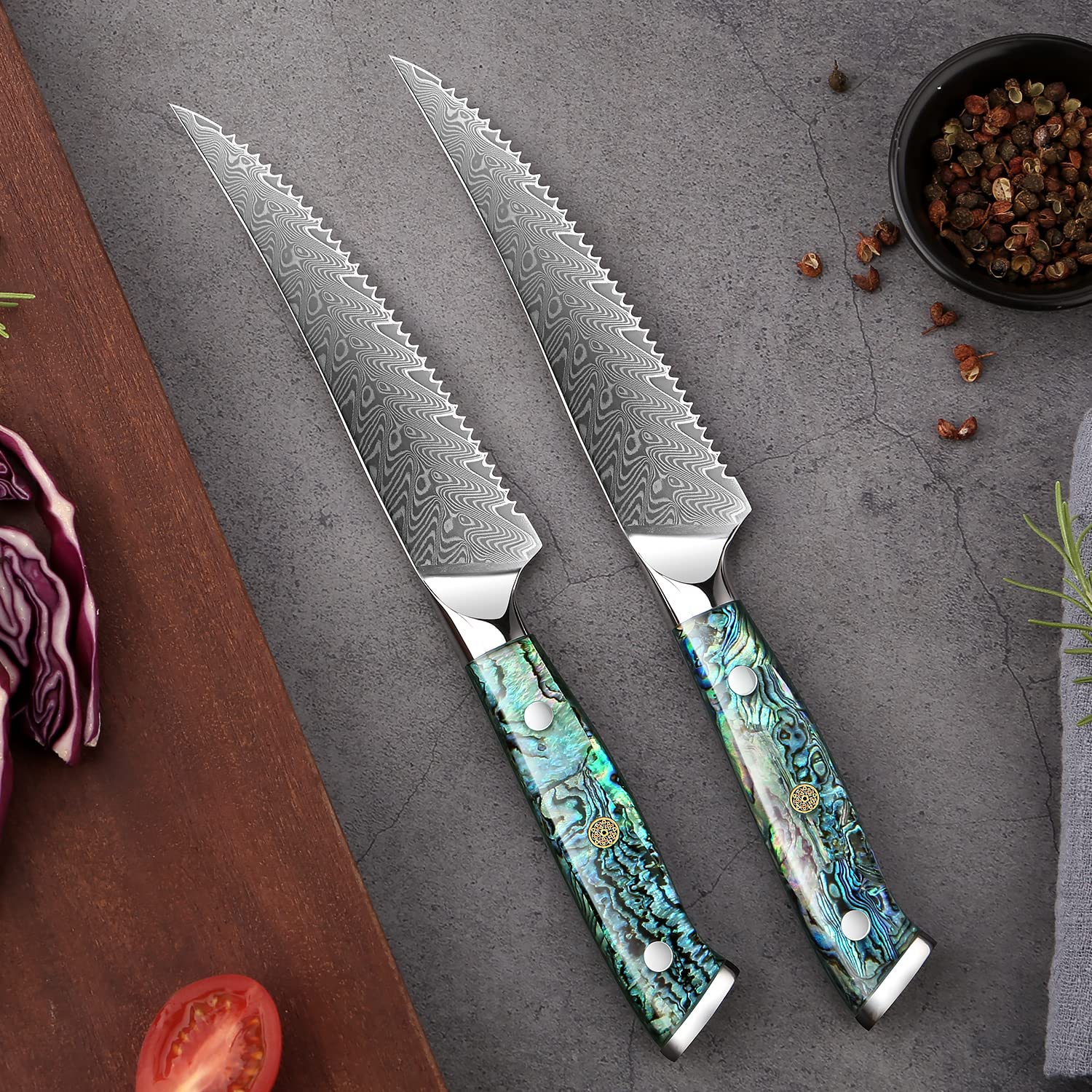 SENKEN 4-Piece Damascus Steak Knife Set - Umi Collection - 67-Layer Japanese VG10 Steel, Real Deep-Sea Abalone Shell Handle (4-Piece Damascus Steak Knife Set)