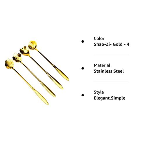 Stainless Steel Tableware Creative Flower Coffee Spoon, Sugar Spoon, Stirring Spoon, Mixing Spoon, Stir Bar Spoon, Tea Spoon, Ice Tea Spoon for Tea, Cake, Dessert Ice Cream Spoon, Set of 4, (Gold - 4)