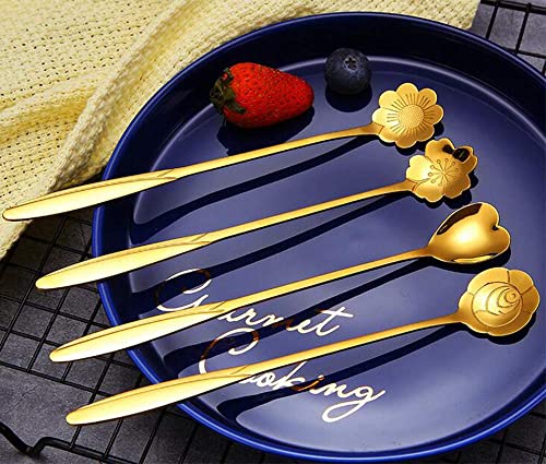 Stainless Steel Tableware Creative Flower Coffee Spoon, Sugar Spoon, Stirring Spoon, Mixing Spoon, Stir Bar Spoon, Tea Spoon, Ice Tea Spoon for Tea, Cake, Dessert Ice Cream Spoon, Set of 4, (Gold - 4)