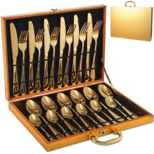 dicunoy 24 pcs gold silverware set, gold forks and spoons, stainless steel gold plated cutlery utensils with storage case for wedding festival christmas party dinner table, service of 6
