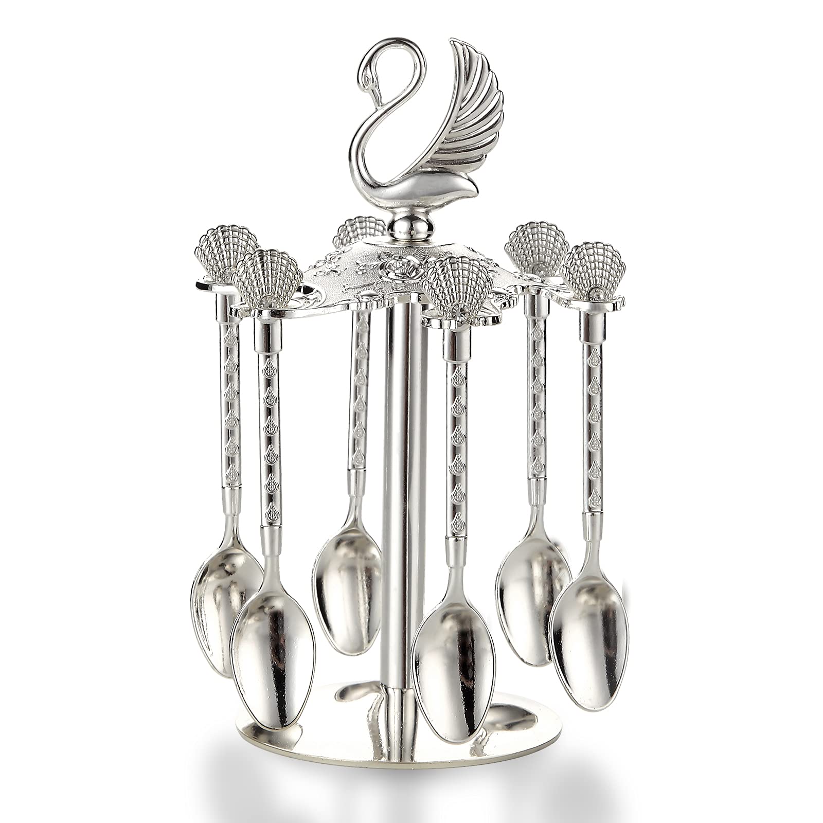 Decorative Swan Base Holder with 6 Spoons, Teaspoons, Coffee Dessert Spoons Set for Fruit, Stirring, Mixing, Sugar, Ice Cream, Cake (Silver)