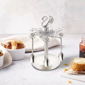 Decorative Swan Base Holder with 6 Spoons, Teaspoons, Coffee Dessert Spoons Set for Fruit, Stirring, Mixing, Sugar, Ice Cream, Cake (Silver)