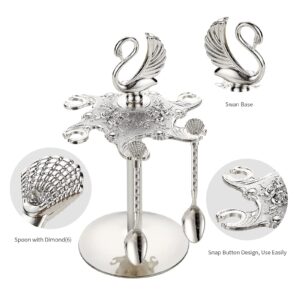 Decorative Swan Base Holder with 6 Spoons, Teaspoons, Coffee Dessert Spoons Set for Fruit, Stirring, Mixing, Sugar, Ice Cream, Cake (Silver)