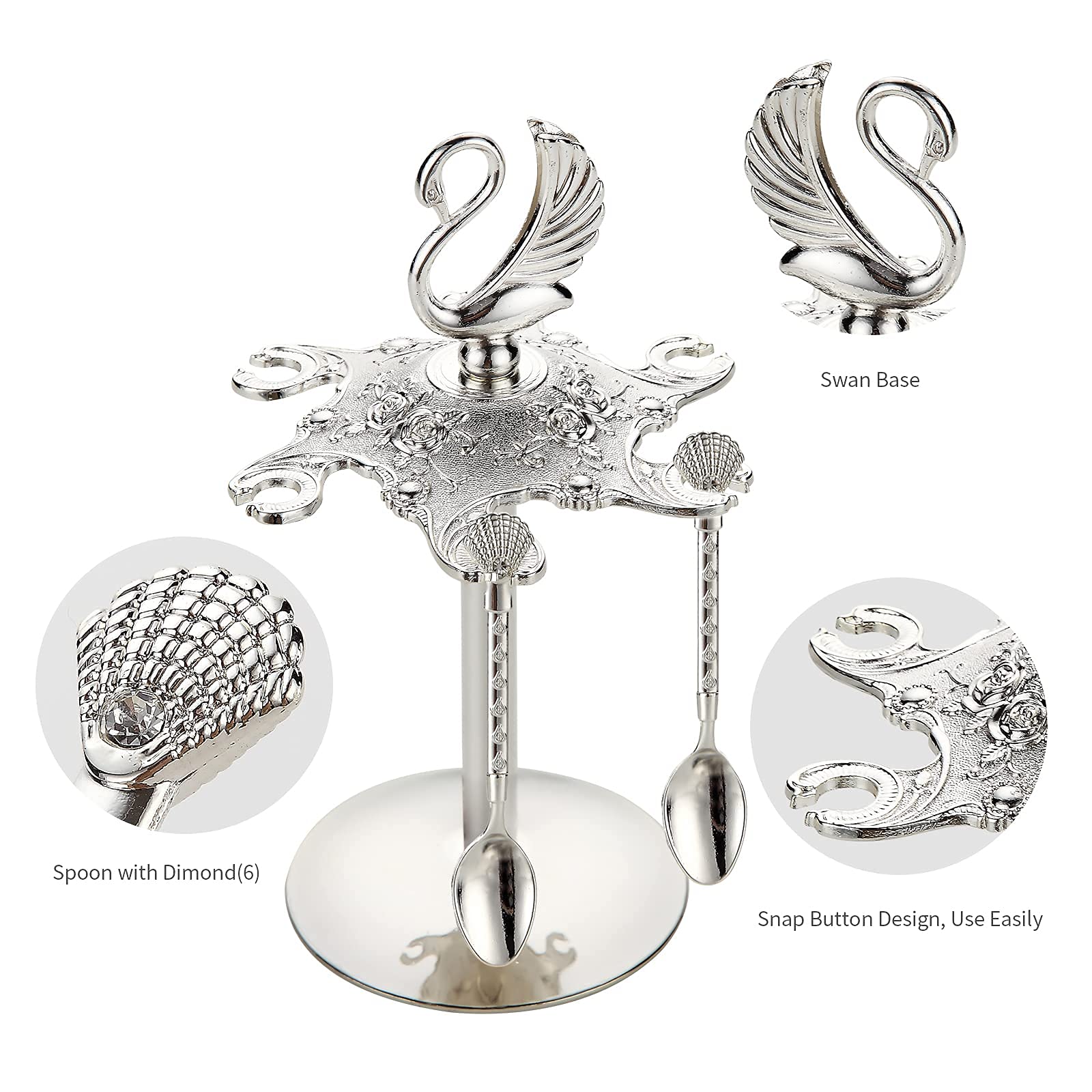 Decorative Swan Base Holder with 6 Spoons, Teaspoons, Coffee Dessert Spoons Set for Fruit, Stirring, Mixing, Sugar, Ice Cream, Cake (Silver)