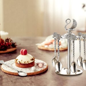 Decorative Swan Base Holder with 6 Spoons, Teaspoons, Coffee Dessert Spoons Set for Fruit, Stirring, Mixing, Sugar, Ice Cream, Cake (Silver)