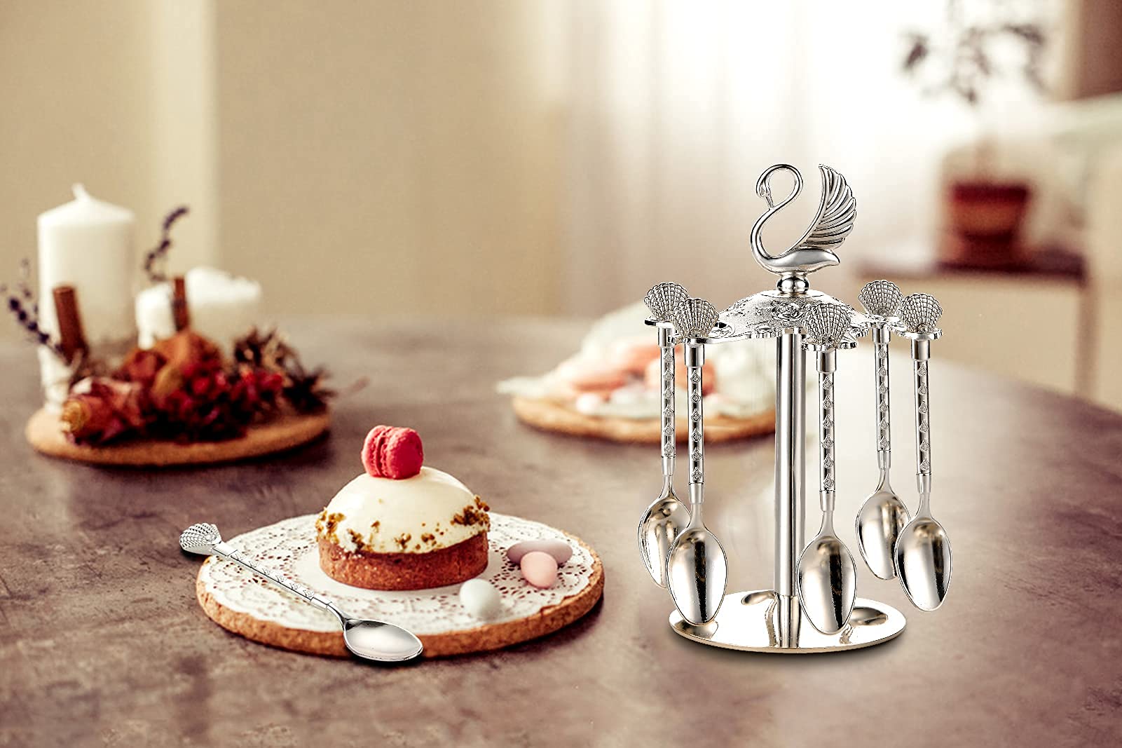 Decorative Swan Base Holder with 6 Spoons, Teaspoons, Coffee Dessert Spoons Set for Fruit, Stirring, Mixing, Sugar, Ice Cream, Cake (Silver)