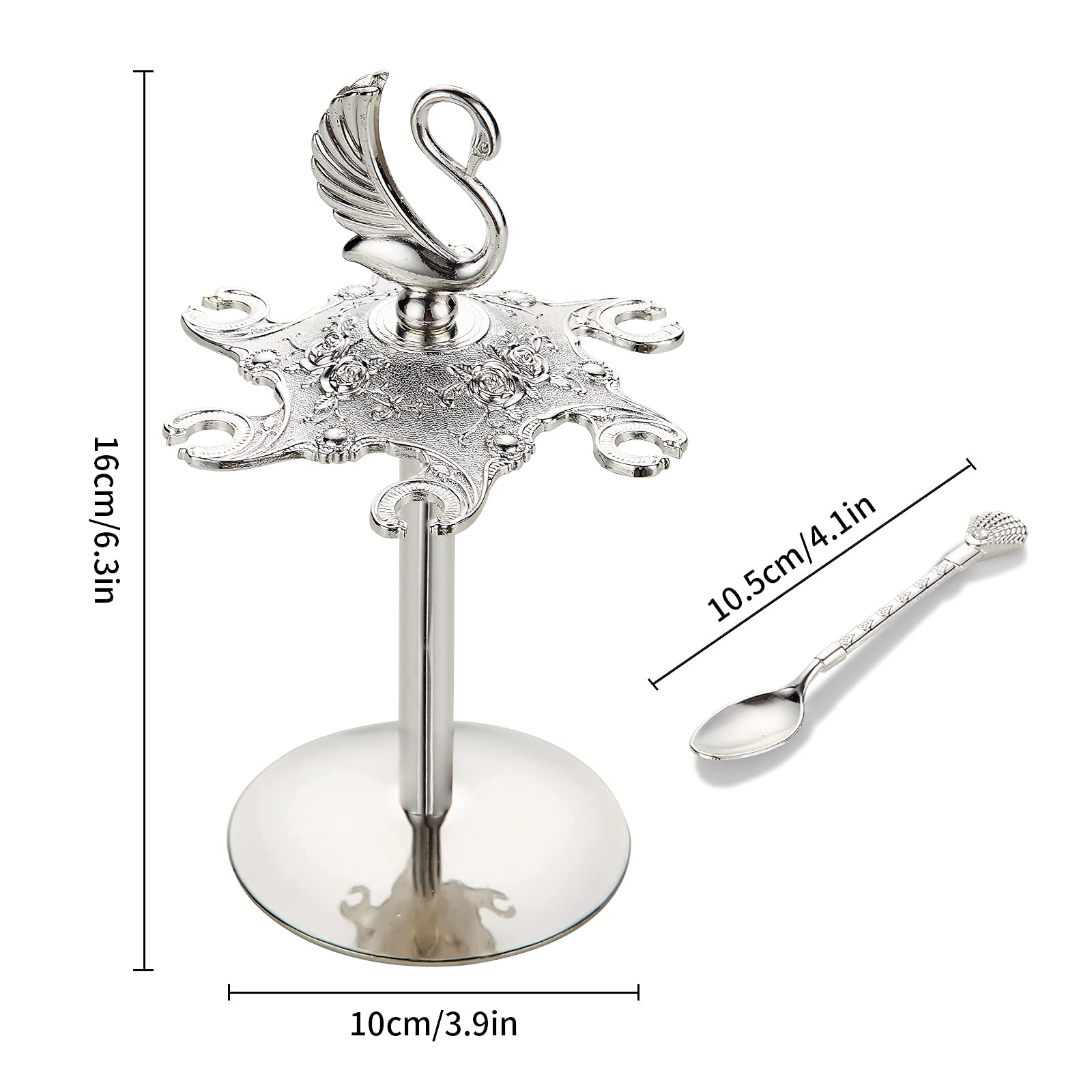 Decorative Swan Base Holder with 6 Spoons, Teaspoons, Coffee Dessert Spoons Set for Fruit, Stirring, Mixing, Sugar, Ice Cream, Cake (Silver)