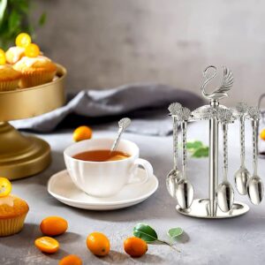 Decorative Swan Base Holder with 6 Spoons, Teaspoons, Coffee Dessert Spoons Set for Fruit, Stirring, Mixing, Sugar, Ice Cream, Cake (Silver)