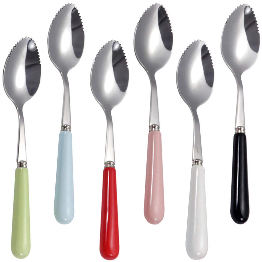 Goeielewe Set of 6 Grapefruit Spoons with Round Serrated Edges, Stainless Steel Serrated Spoon with Multicolor Ceramic Handle, Kiwi Apple Citrus Fruit, Dessert Spoon Sets (Silver)