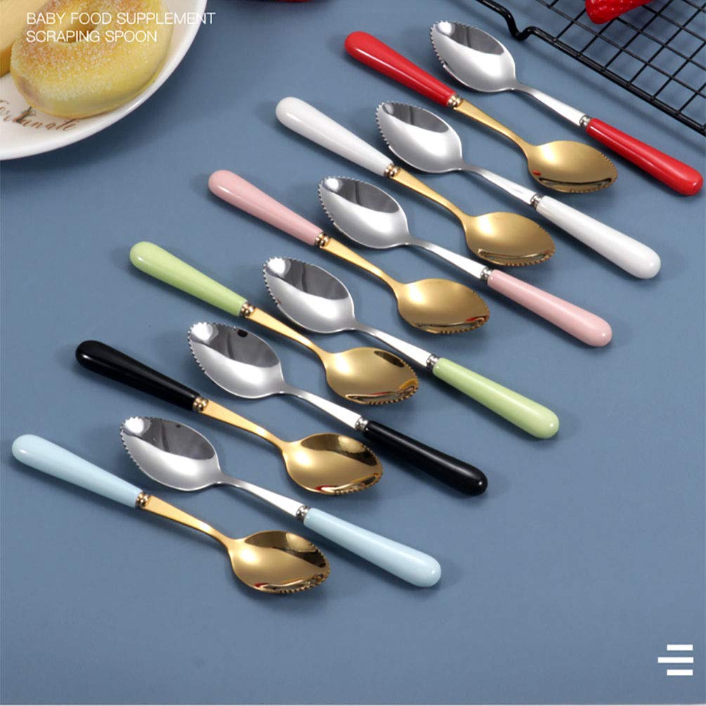 Goeielewe Set of 6 Grapefruit Spoons with Round Serrated Edges, Stainless Steel Serrated Spoon with Multicolor Ceramic Handle, Kiwi Apple Citrus Fruit, Dessert Spoon Sets (Silver)