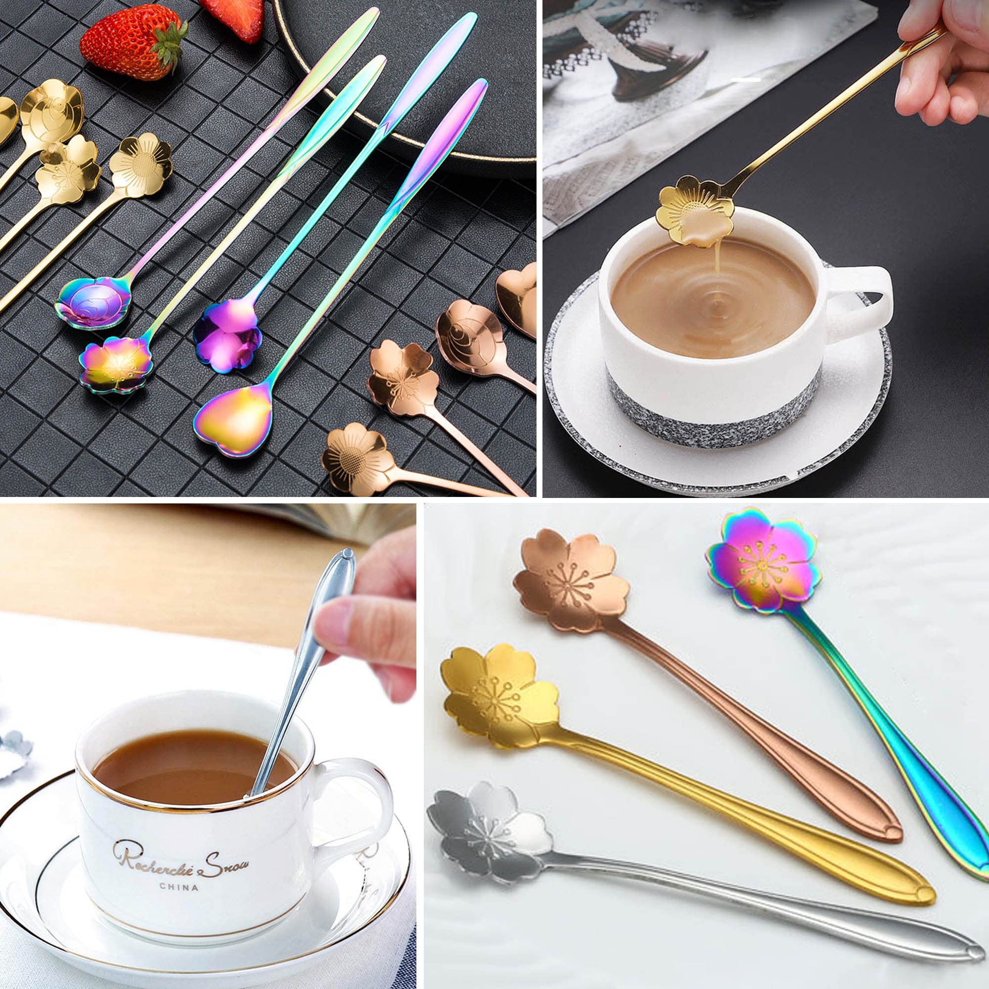 Flower Spoon Coffee Teaspoon Set, PBIEHSR Stainless Steel Tea Spoon Two Different Lengths Dessert Spoon for Stirring Drink Mixing Milkshake Jam, Set of 9 (Multicolor)