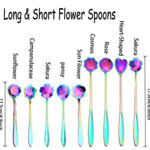 Flower Spoon Coffee Teaspoon Set, PBIEHSR Stainless Steel Tea Spoon Two Different Lengths Dessert Spoon for Stirring Drink Mixing Milkshake Jam, Set of 9 (Multicolor)