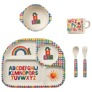 funkins eco-friendly bamboo kids dinnerware set - fun & bright non-toxic colors, bpa-free, dishwasher safe, divided plate, bowl, cup, fork, spoon for toddler meals, the world of eric carle (alphabet)