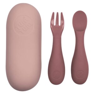 tum tum baby cutlery with case, baby spoon & fork set, baby cutlery for babies, first self feeding cutlery, silicone baby spoon & fork, 6 months plus, (pink)