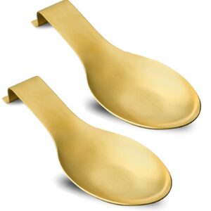 stainless steel spoon rest (2 pack), vojaco spoon rest for kitchen counter, gold spoon holder for stove top for spoons, ladle, spatula, cooking utensils or kitchen tools – dishwasher safe