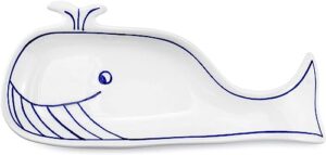 cornucopia whale spoon rest; blue and white ceramic novelty spoon holder for kitchen stove