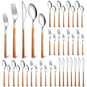 Wood Handle Silverware Set, Stainless Steel Cutlery Set with Imitation Wood Grain Handle Silver Mirror Polished Dishwasher Safe for Household Kitchen Utensils Restaurant Hotel Party (40)