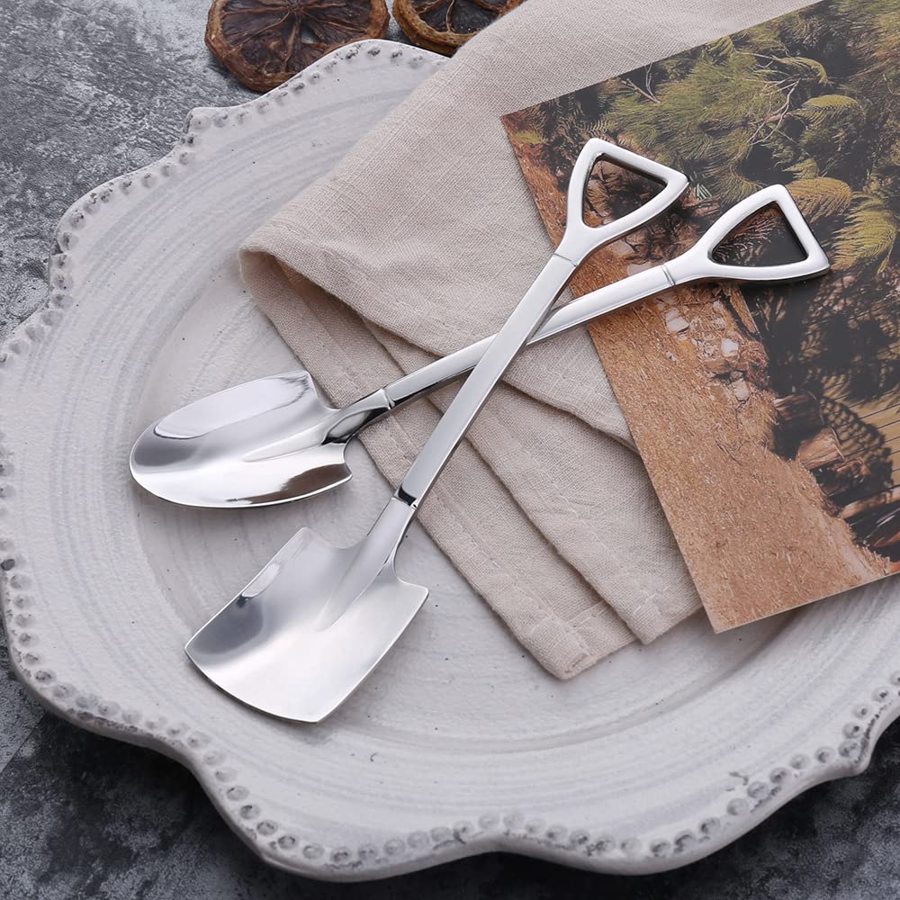 InfantLY Bright 2PCS/set Shovel Shaped Spoons Dessert Spoon Set , Stainless Steel Long Handle-Tea Cake for Coffee Tea Sugar Ice Cream Stir Bar Spoons, Home Kitchen Restaurant Party White 15.5*3inch