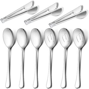 lianyu 3 large serving spoons, 3 slotted serving spoons, 3 serving tongs, 9.8 inch stainless steel buffet banquet catering serving spoons set, dishwasher safe
