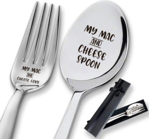2 pieces my mac and cheese engraved stainless spoon and fork, funny long handle dinner fork coffee spoop with gift box, mac and cheese lovers foodie gifts for birthday valentine christmas