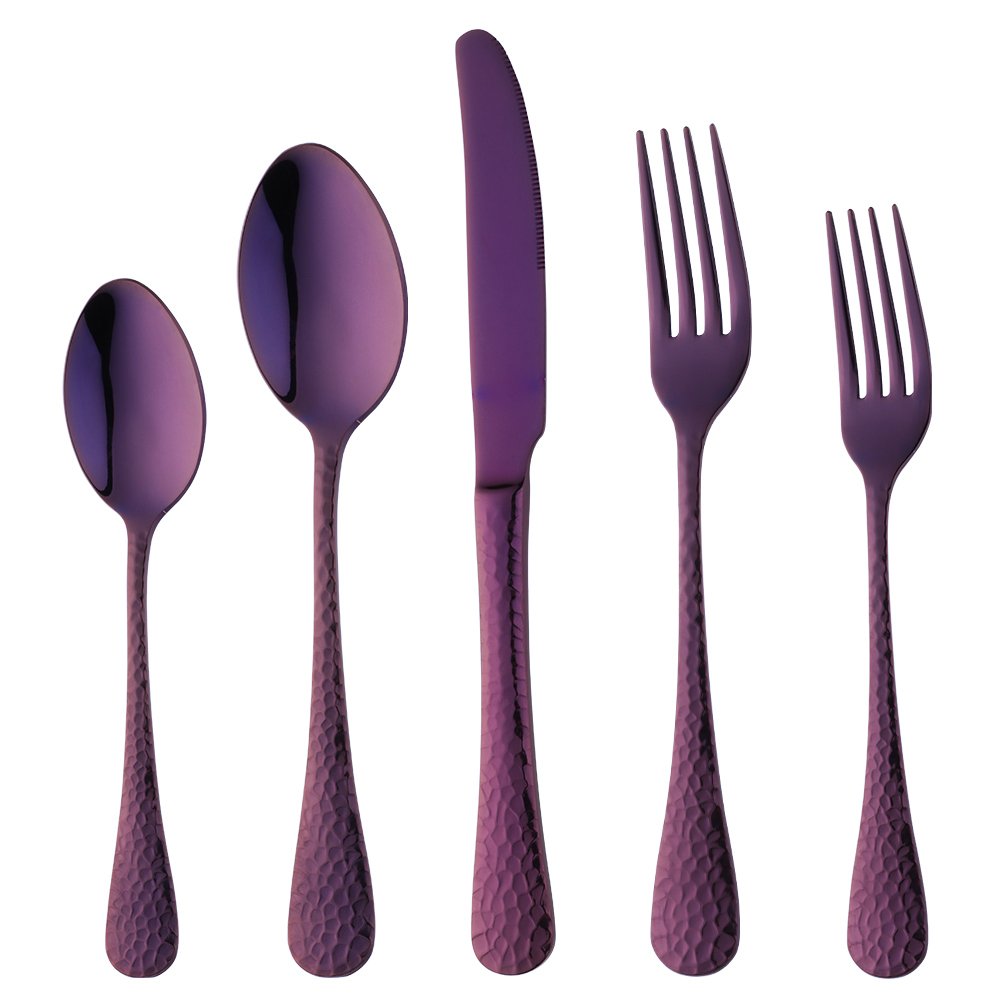 Bisda Purple Silverware Set, 20 Piece Premium 18/8 Stainless Steel Hammered Kitchen Utensil Flatware Cutlery Sets of 4, Mirror Polish, Dishwasher Safe