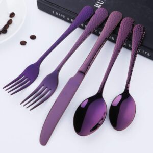 Bisda Purple Silverware Set, 20 Piece Premium 18/8 Stainless Steel Hammered Kitchen Utensil Flatware Cutlery Sets of 4, Mirror Polish, Dishwasher Safe