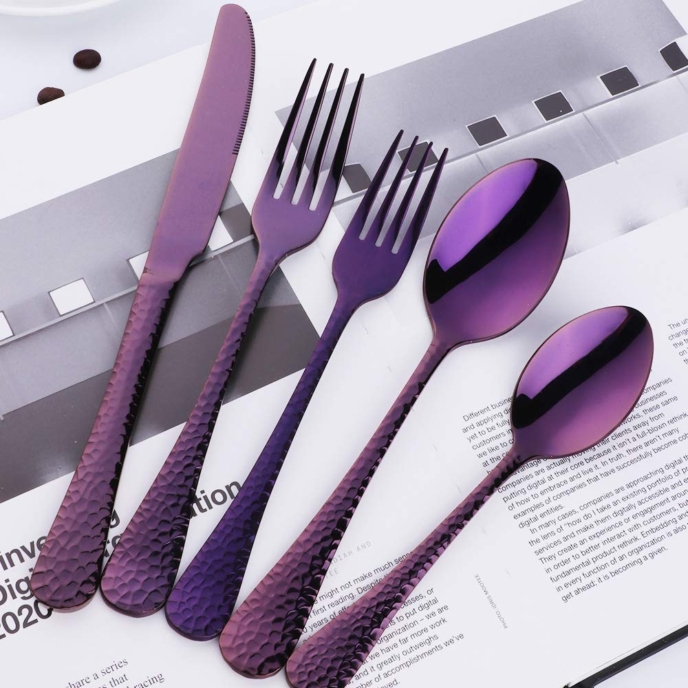 Bisda Purple Silverware Set, 20 Piece Premium 18/8 Stainless Steel Hammered Kitchen Utensil Flatware Cutlery Sets of 4, Mirror Polish, Dishwasher Safe