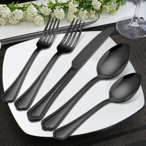 LIANYU 40-Piece Black Silverware Set for 8, Stainless Steel Flatware Cutlery Set, Eating Utensils Set with Scalloped Edge, Dishwasher Safe, Mirror Polished