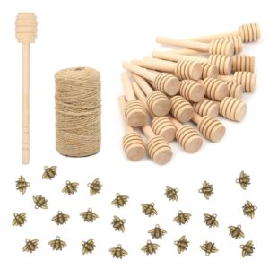 50 pack 3 inch mini wood honey dipper sticks set,honey stirrer honey wand for honey jar dispense drizzle honey, 50 pieces honeybee charm pendants with jute rope for honey jar diy crafts