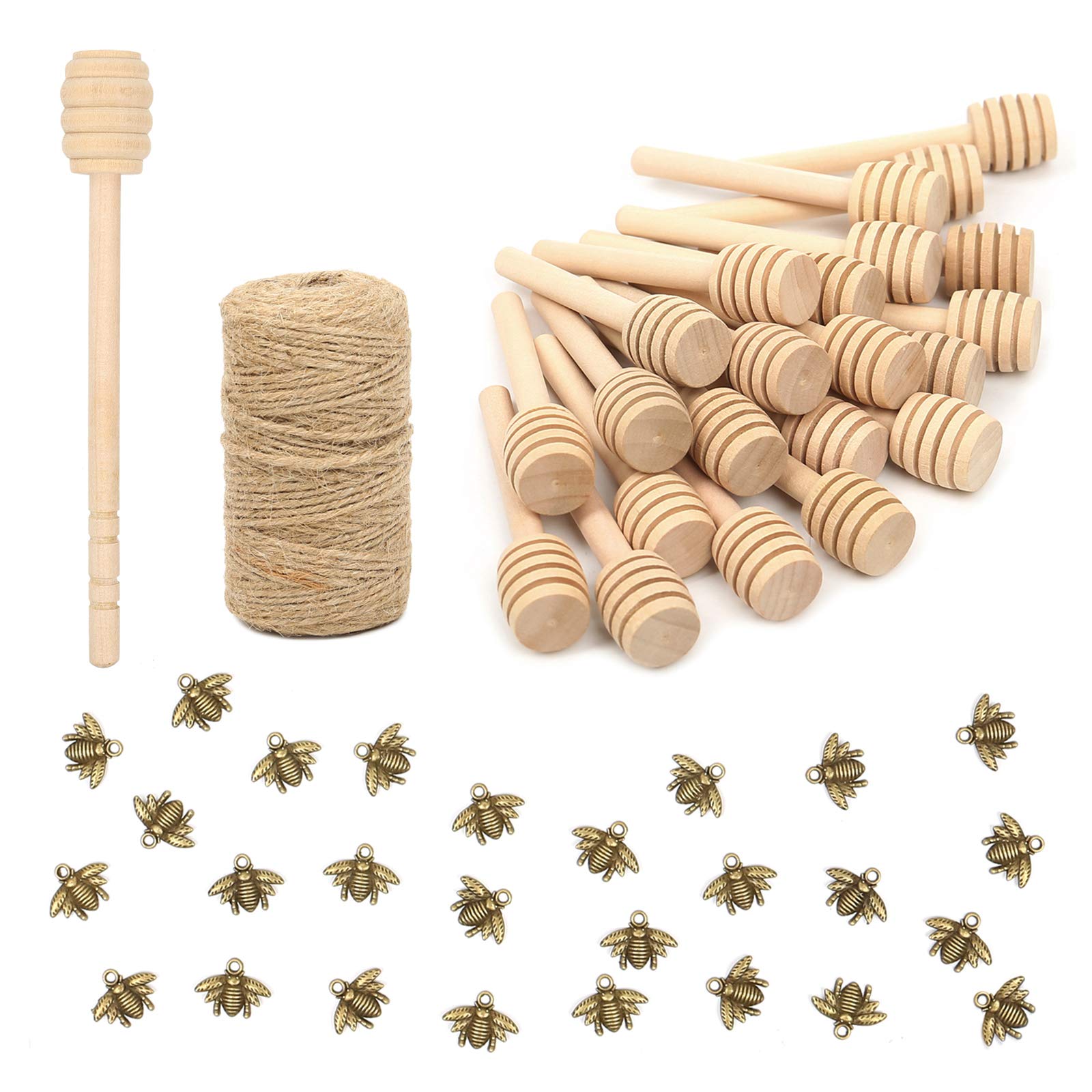 50 Pack 3 Inch Mini Wood Honey Dipper Sticks Set,Honey Stirrer Honey Wand for Honey Jar Dispense Drizzle Honey, 50 Pieces Honeybee Charm Pendants with Jute Rope for Honey Jar DIY Crafts