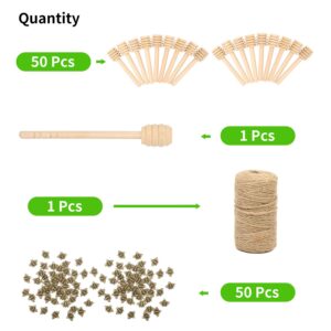 50 Pack 3 Inch Mini Wood Honey Dipper Sticks Set,Honey Stirrer Honey Wand for Honey Jar Dispense Drizzle Honey, 50 Pieces Honeybee Charm Pendants with Jute Rope for Honey Jar DIY Crafts