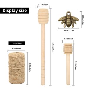 50 Pack 3 Inch Mini Wood Honey Dipper Sticks Set,Honey Stirrer Honey Wand for Honey Jar Dispense Drizzle Honey, 50 Pieces Honeybee Charm Pendants with Jute Rope for Honey Jar DIY Crafts