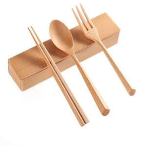 Sanrich Wood Cutlery Set Chopsticks Spoon Fork Kit with Case School Office Lunch Reusable Tableware Camping Flatware Dinnerware Travel Utensils