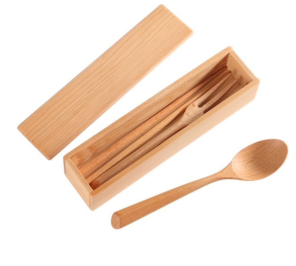 Sanrich Wood Cutlery Set Chopsticks Spoon Fork Kit with Case School Office Lunch Reusable Tableware Camping Flatware Dinnerware Travel Utensils