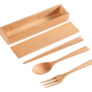 Sanrich Wood Cutlery Set Chopsticks Spoon Fork Kit with Case School Office Lunch Reusable Tableware Camping Flatware Dinnerware Travel Utensils