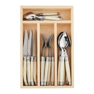 jean dubost laguiole 24-piece everyday flatware set, ivory handles - rust-resistant stainless steel - includes wooden tray - made in france