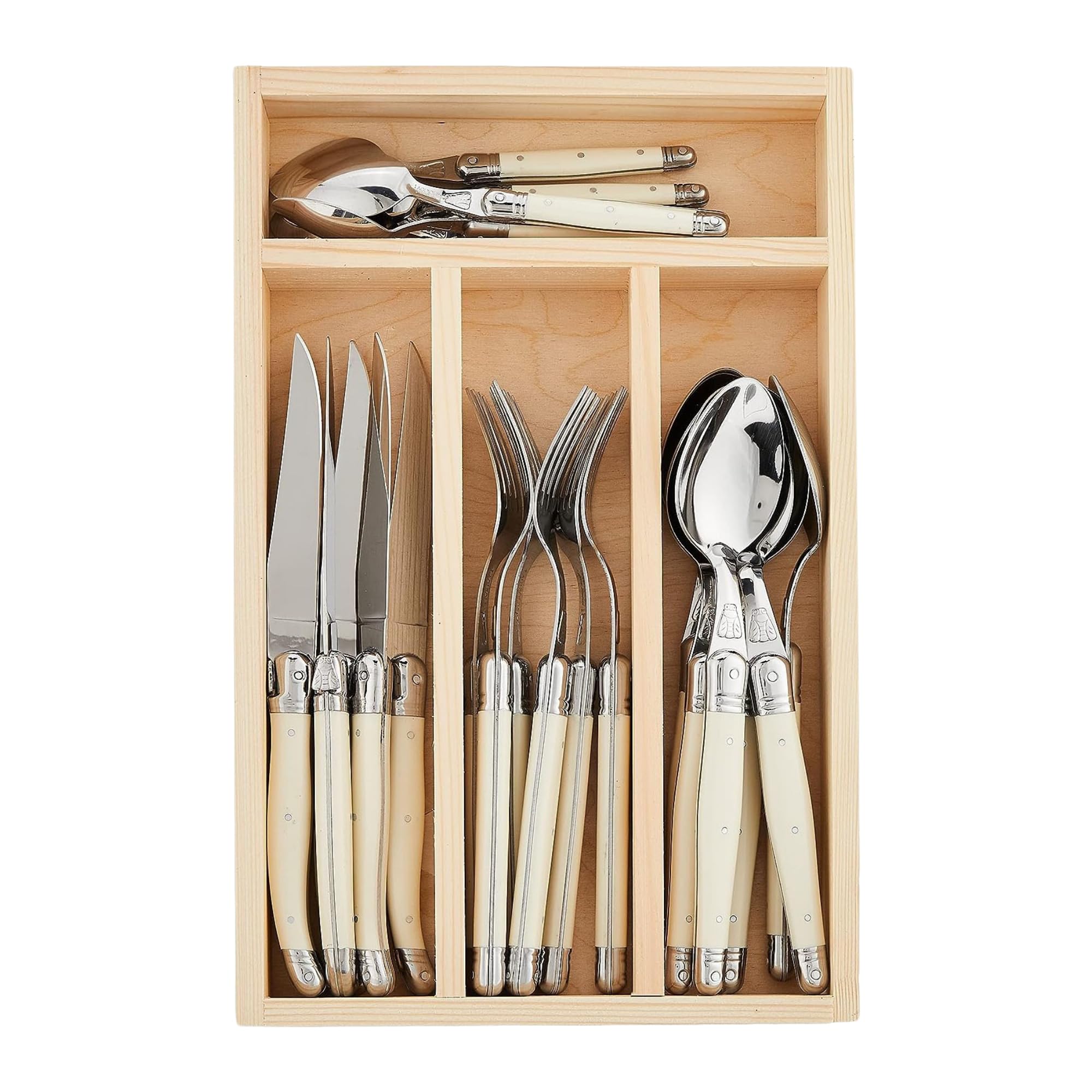 Jean Dubost Laguiole 24-Piece Everyday Flatware Set, Ivory Handles - Rust-Resistant Stainless Steel - Includes Wooden Tray - Made in France