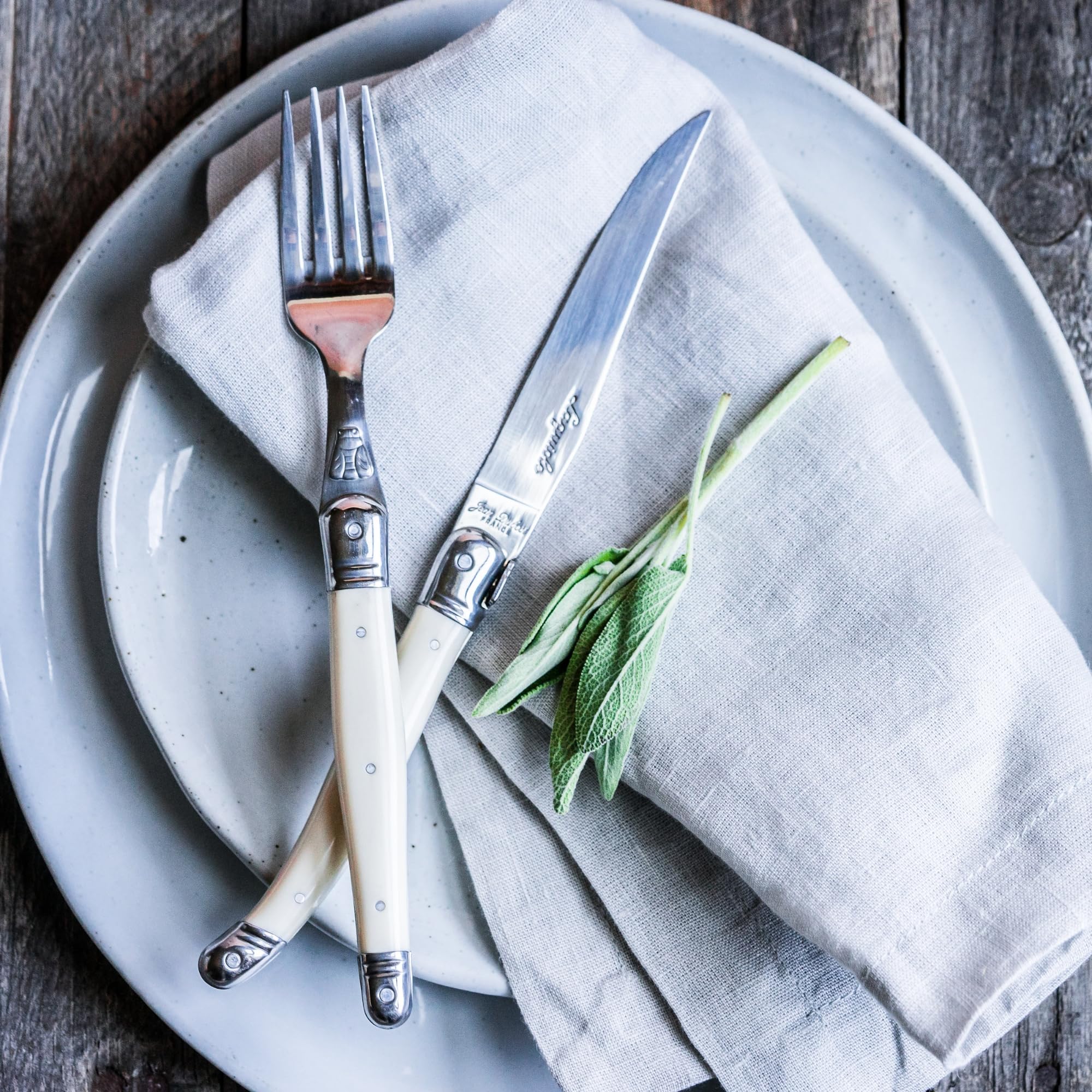 Jean Dubost Laguiole 24-Piece Everyday Flatware Set, Ivory Handles - Rust-Resistant Stainless Steel - Includes Wooden Tray - Made in France